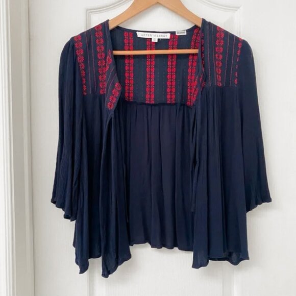After Market - Navy Crepe Blouse with Red Floral Embroidery - Picture 1 of 10